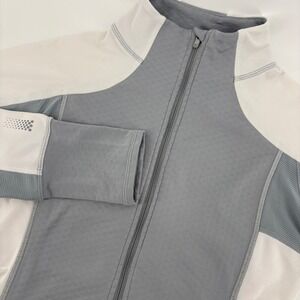 Athleta Running Wild 2.0 1/2 Zip Jacket Womens S Grey White Thumbholes Textured